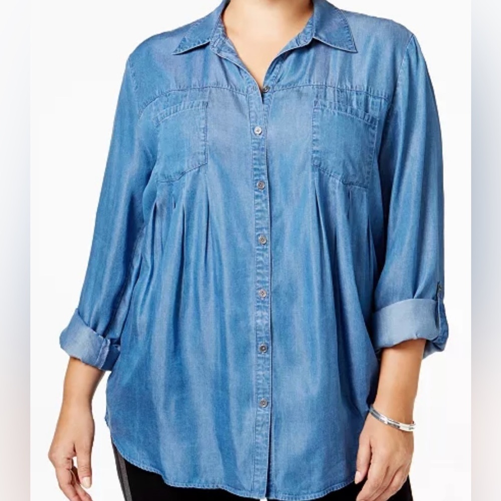 Style & Co Chambray Relaxed Fit Soft Denim Button Up Top Size 0X
